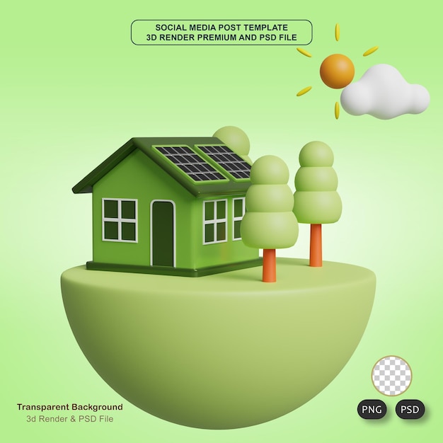 PSD eco house and solar panel energy 3d realistic render