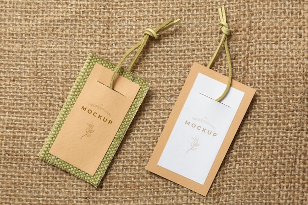 PSD eco paper label mock-up on burlap fabric