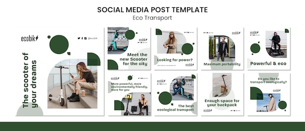 PSD set di post instagram di trasporto ecologico