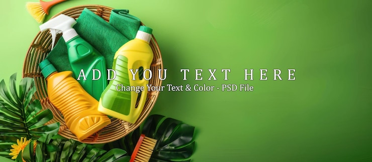 PSD ecofriendly cleaning supplies with tropical leaves
