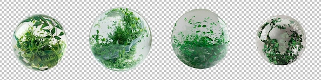 PSD Экологичные сферы с зелеными листьями, изолированные на прозрачном фоне