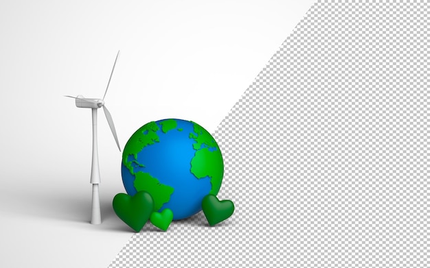 PSD ecological energy concept wind turbine windmills earth globe and green hearts 3d rendering