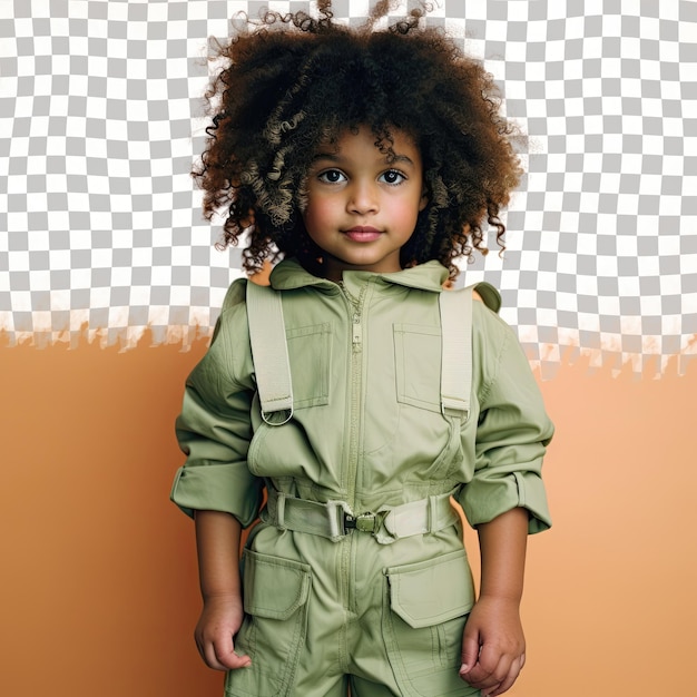 PSD ecologically conscious slavic preschooler kinky hair proud pose pastel green backdrop