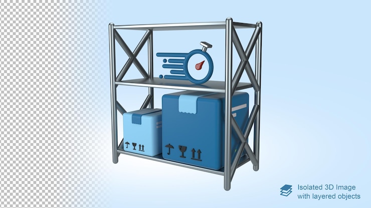 PSD ecommerce boxes on shelf with a fast delivery icon