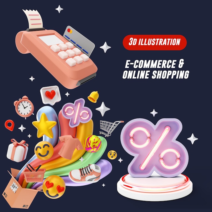 PSD 電子商務購物和營銷 3d 插圖和圖標包
