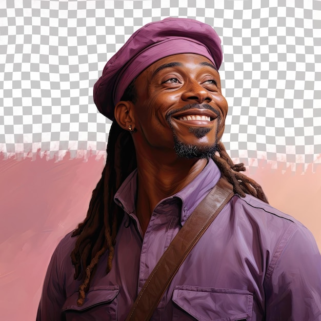 PSD a ecstatic adult man with long hair from the african ethnicity dressed in roofer attire poses in a close up of lips style against a pastel lavender background