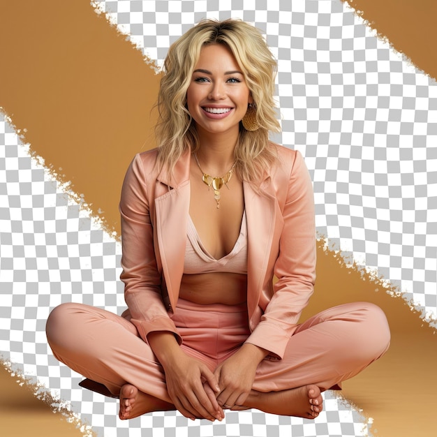 A ecstatic adult woman with blonde hair from the pacific islander ethnicity dressed in broadcaster attire poses in a sitting cross legged on the floor style against a pastel peach background