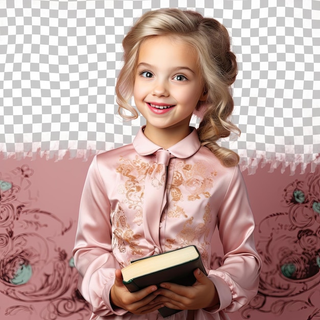 Una bambina estetica con i capelli biondi dell'etnia slava vestita in abito di scrittura di un libro posa in stile one hand on waist contro uno sfondo pastel rose