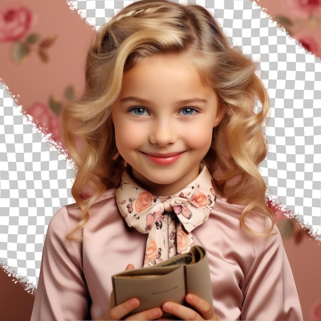 PSD a ecstatic child girl with blonde hair from the slavic ethnicity dressed in writing a book attire poses in a one hand on waist style against a pastel rose background