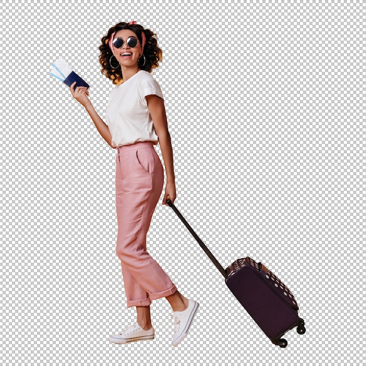 PSD ecstatic female tourist holding tickets