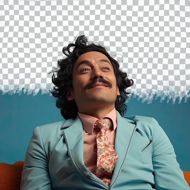 A ecstatic middle aged man with kinky hair from the west asian ethnicity dressed in brewer attire poses in a lying down with head propped up style against a pastel sky blue background