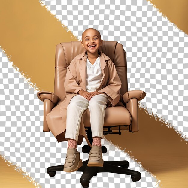 PSD a ecstatic preschooler girl with bald hair from the african ethnicity dressed in obstetrician gynecologist attire poses in a laid back chair lean style against a pastel beige background