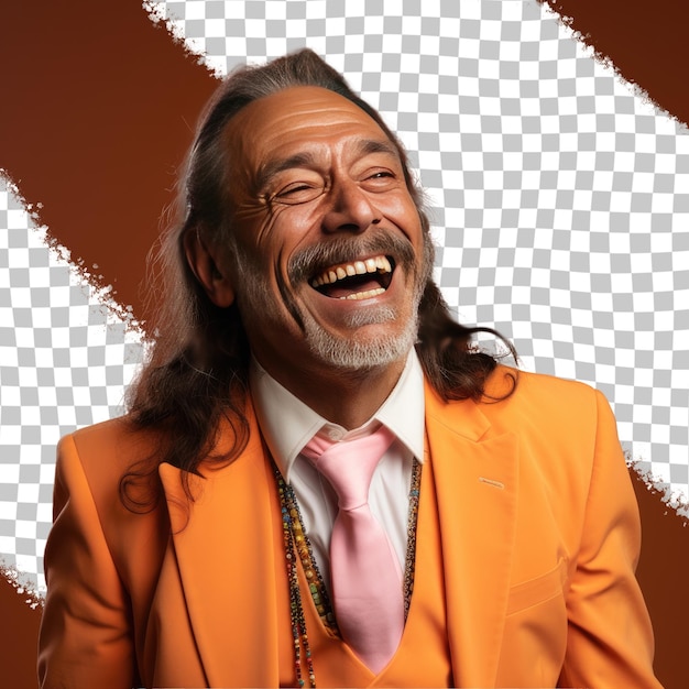 PSD a ecstatic senior man with long hair from the hispanic ethnicity dressed in hotel manager attire poses in a elegant hand on neck style against a pastel tangerine background