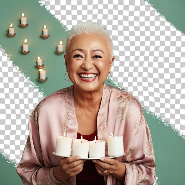 PSD a ecstatic senior woman with bald hair from the asian ethnicity dressed in making homemade candles attire poses in a eyes downcast with a smile style against a pastel mint background