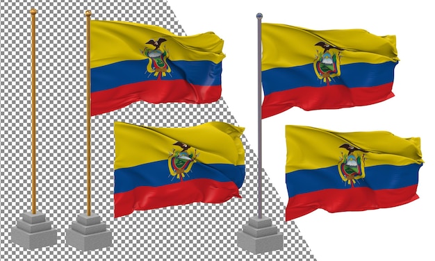 PSD 3dレンダリングで分離されたスタンドポールで異なるスタイルでエクアドルの旗を振る