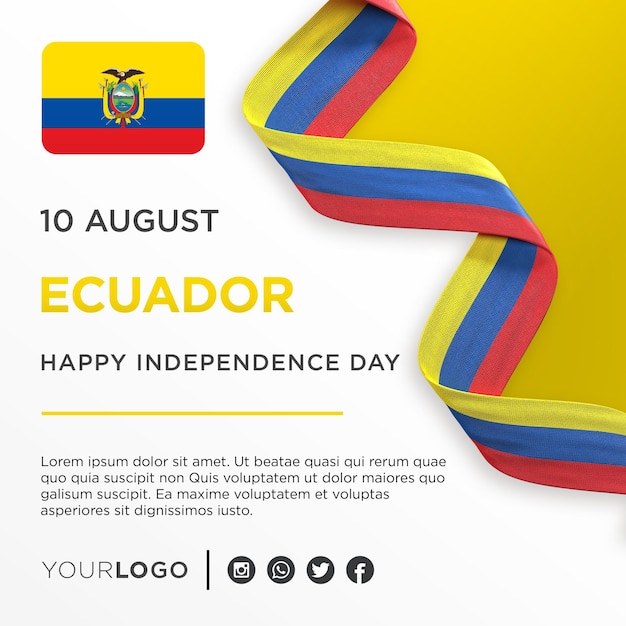 Modello di post sui social media per l'anniversario nazionale del banner celebrativo del giorno dell'indipendenza nazionale dell'ecuador