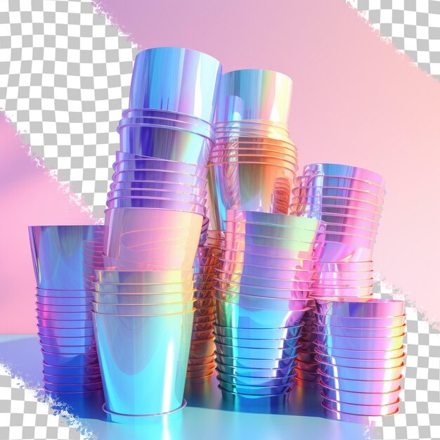 Ed close up of disorganized disposable drinking mugs with iridescent finish