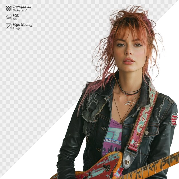 PSD 다채로운 기타와 함께 가죽 재을 입은 한 여성 기타리스트
