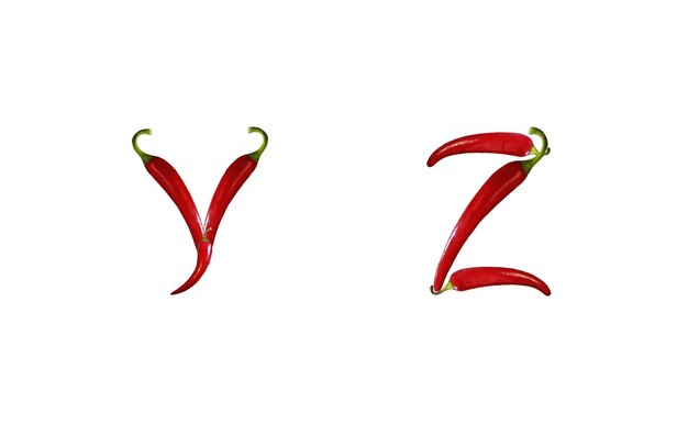 PSD edible alphabet made from hot chili peppers letters y z isolated on white background