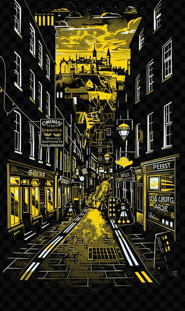 Edinburghs royal mile con sceneggiature di strade storiche castelli borsa psd maglietta vettoriale tatuaggio inchiostro scape art