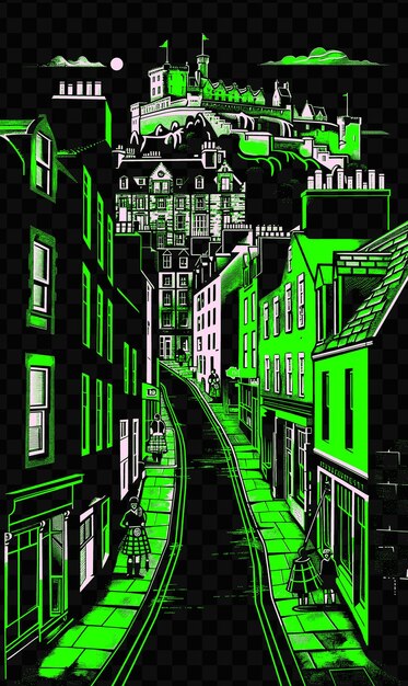 Edinburghs royal mile with historic street scene castles bag psd vector tshirt tattoo ink scape art