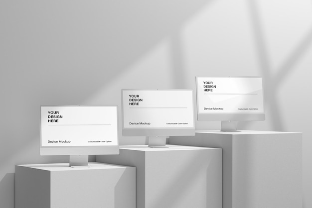 Editable 3d device computer mockup with modern dark background and realistic shadow