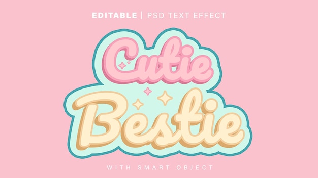 編集可能な 3D スタイル Cutie Bestie テキスト E ピンクの背景にピンクとブルーのテキストの Cutie Bestie