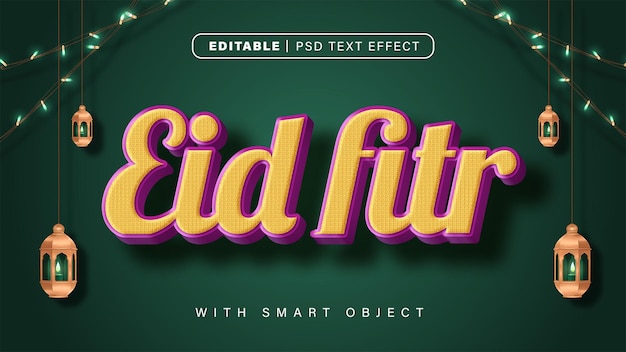 녹색 배경에 스마트 개체가 있는 편집 가능한 3d 스타일 Eid Al Fitr 텍스트 효과