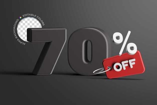 Editable 70 percent offer sale discount price tag promotion concept 3d render text mockup isolalted