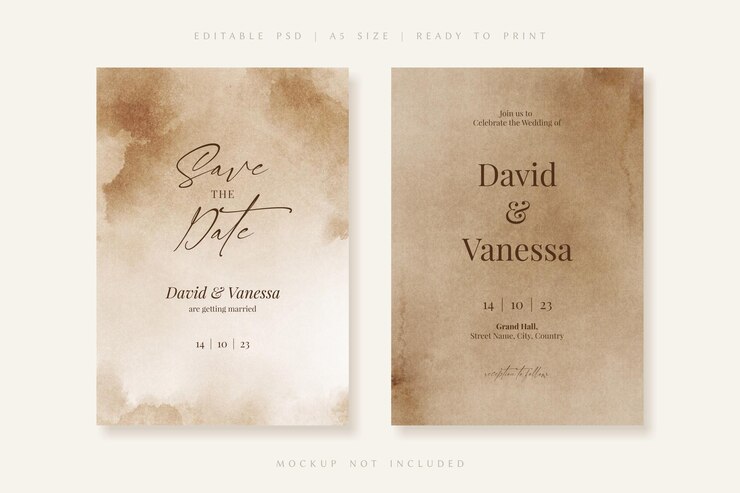 PSD editable beige watercolor wedding invitation card template design