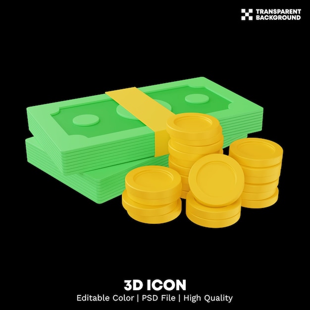 Editable color 3d render isolated stack of golden coin and stack of money element