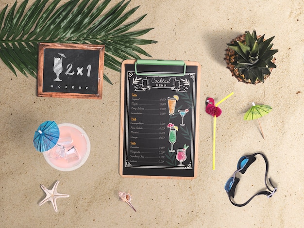 PSD editable flat lay clipboard mockup with summer elements