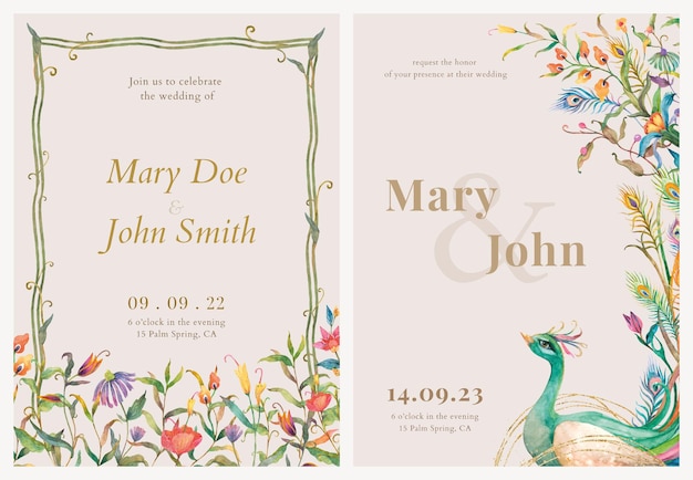 PSD editable invitation card templates psd with watercolor peacocks and flowers illustration