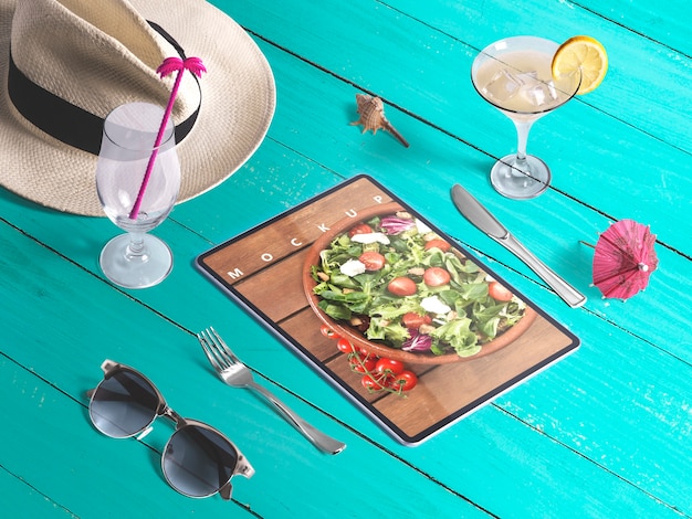 PSD editable isometric tablet mockup with summer elements