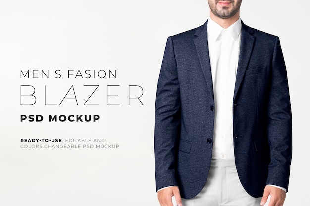 Editable men&amp;rsquo;s blazer mockup psd in navy business fashion ad