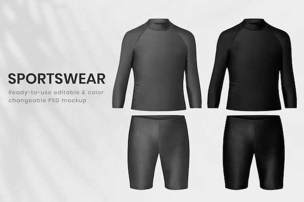 PSD Редактируемый мужской макет спортивной одежды psd rash guard и одежда для плавания