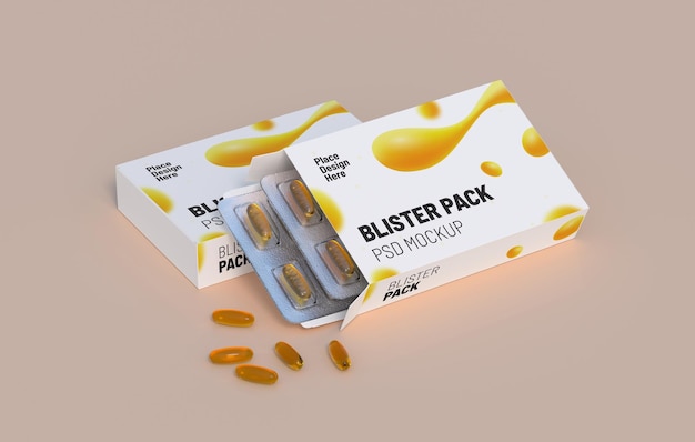 PSD editable mockup of fish oil omega 3 golden capsules in two blister pack 3d rendering