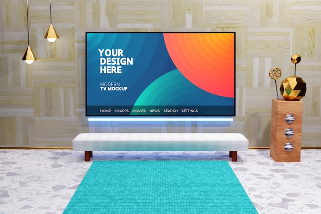 PSD mockup display televisivo moderno modificabile, schermo tv montato sulla parete di legno, interni di lusso