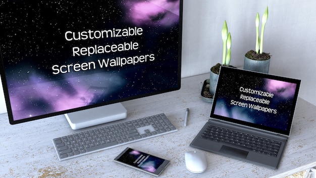 Editable office desk mock up with computer equipment 