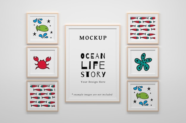 Editable psd mockup template with seven (7) blank fillable frames on white background