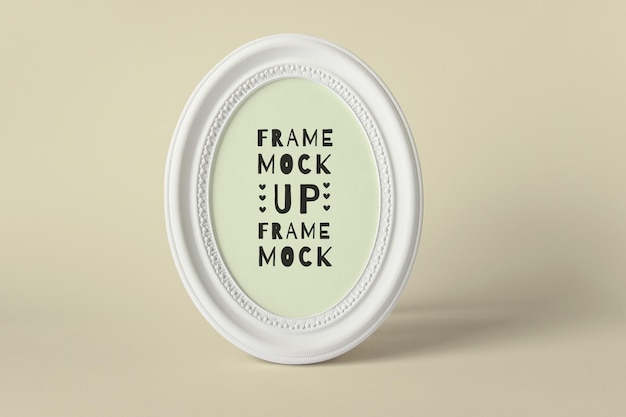 Editable psd mockup with round white wooden oval blank frame mockup with editable background color