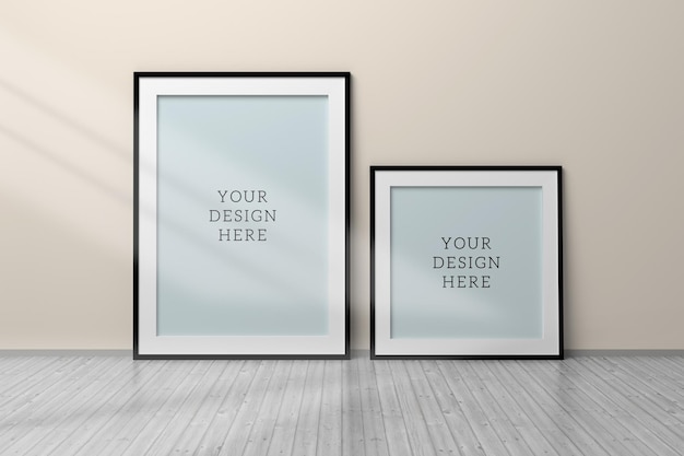 PSD editable psd mockup with two black blank frames a4 and 1 to 1 size standing on wooden floor