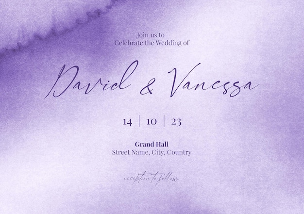 編集可能な紫色の結婚式の招待カードテンプレート