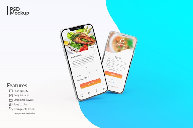 PSD editable smartphone mock ups to display food app concept template