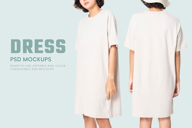 PSD editable t-shirt dress mockup psd white with bucket hat women’s casual wear apparel ad