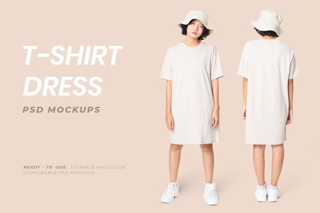 Editable t-shirt dress mockup psd white with bucket hat women&rsquo;s casual wear apparel ad