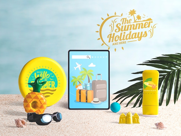 PSD editable tablet mockup with summer elements