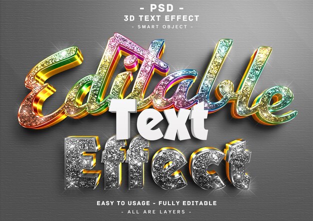 Editable text effect 3d colors and black sparkle style