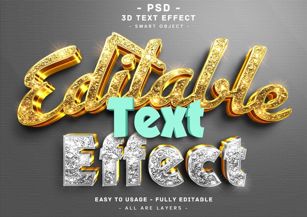 Editable text effect 3d golden and silver sparkle style