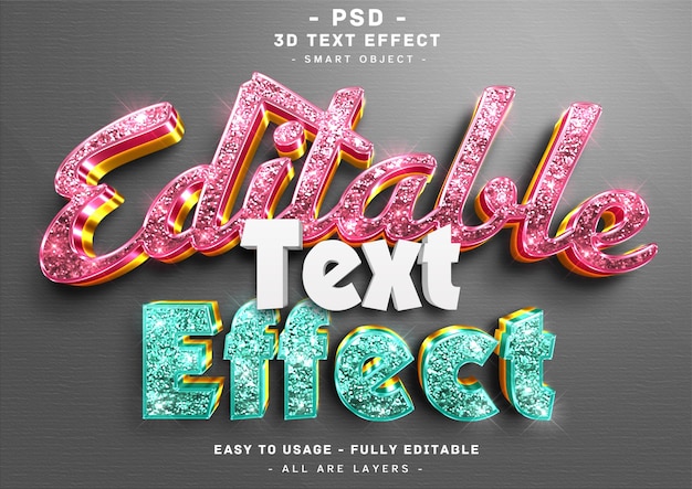 Editable text effect 3d pink and tosca sparkle style